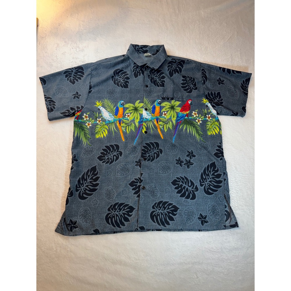 Vintage Rina Mens Large Parrot Tropical Print Button Down Shirt Gray L